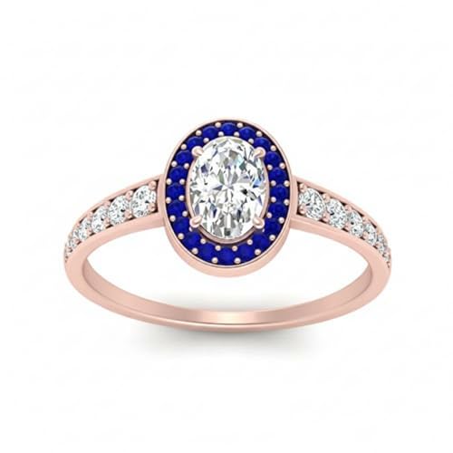 Anillo de Diamantes Oval y Oro Rosa Chapado con Halo Cónico Talla 47-70