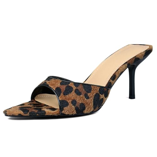 QIV Leopard Kitten Heels Pointed Toe Mule Heels for Women Open Toe Kitten Heel for Party Dressy...