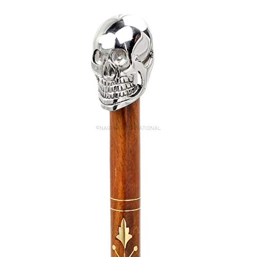 Premium Chromed Deluxe Walking Sticks | Rosewood Crafted Walking Cane With Solid Brass Chrome Decorative Bars | Walking Canes & Crutches | Nagina International (Skull, 36 Inches) #TOP2