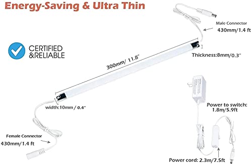 Premium LED Light Strips Kit: 6 x 12 Linkable Bars + Rocker Switch for Warm White Ambient Lighting in Cabinets, Closets, Shelf, Display Case, Showcase Lighting, 3000K Warm White