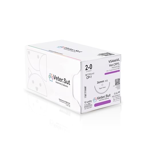 Veterinary Sutures - VeterSut VetCRYL Absorbable Polyglactin Surgical Suture USP Size 2-0, (CP-1) 1/2 36mm Reverse Cutting Needle, 36 Inches (90 cm), 12 Count, Veterinary Use