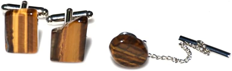 Custom Gold Tiger's Eye Stone Cuff Links and Tie Tack Set - Made to Order