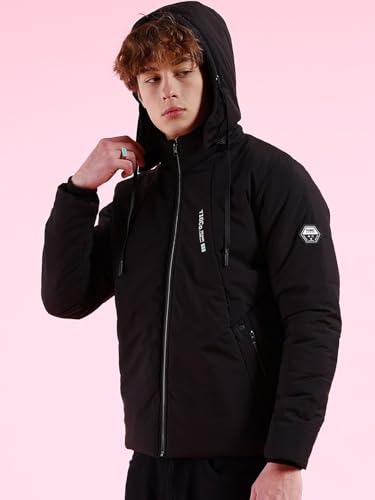 Image of The Indian Garage Co Men Black Regular Fit Solid Hooded Bomber Jacket
