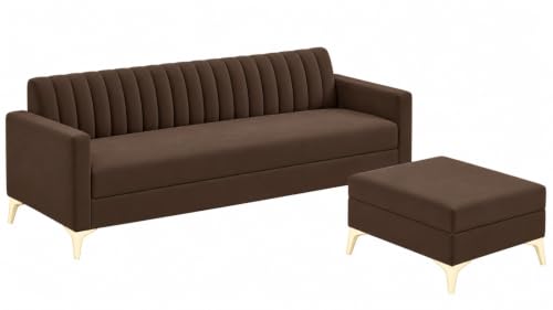Image of AMATA Falcon ele 4 Seater Fabric Suede Velvet Brown Colour Sofa Set with Four Cushions Perfect for Home Office Guests Living Room (Falcon Brown 01, Falcon 4 Seater l Shape)(3 Year Warranty)