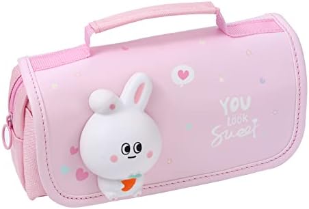 Tergopa Cute Pencil Pouch Large Pencil Case with Handle Kawaii Pencil Case for Kids Girls with Stress Relief Doll Portable Big Pens Bag Organizer for School Home Pink