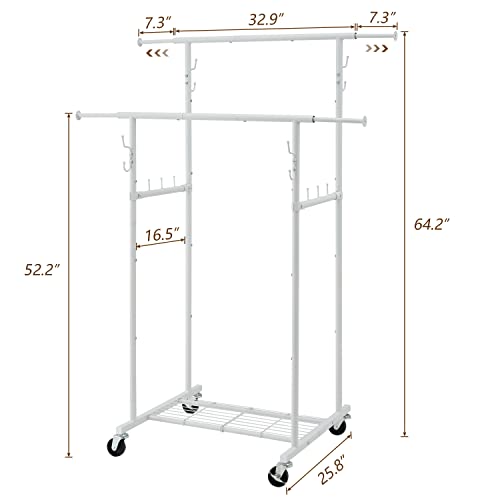 Gewudraw Double Rod Garment Rack, Heavy Duty Clothes Rack, Metal Clothing Garment Rack With Wheels, Shelves And Hooks, Rolling Clothes Rack Freestanding Closet Organizer Hanger For Hanging Clothes #TOP5