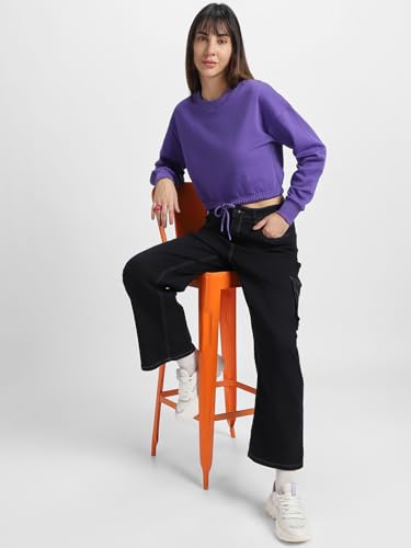 Image of JUNEBERRY Cotton Poly Fleece Regular Fit Pink, Purple Green & Orange Solid Full Sleeve Sweatshirt for Women