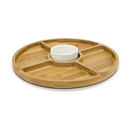 ROMINOX Geschenkartikel Servierteller // Rondo aus Bambus im Set mit einem Keramik-Dipschälchen, praktische Unterteilung in 4 Snackfächer, Snacks, Antipasti oder Tapas mit Dips; ca. 28 x 28 x 3.5 cm