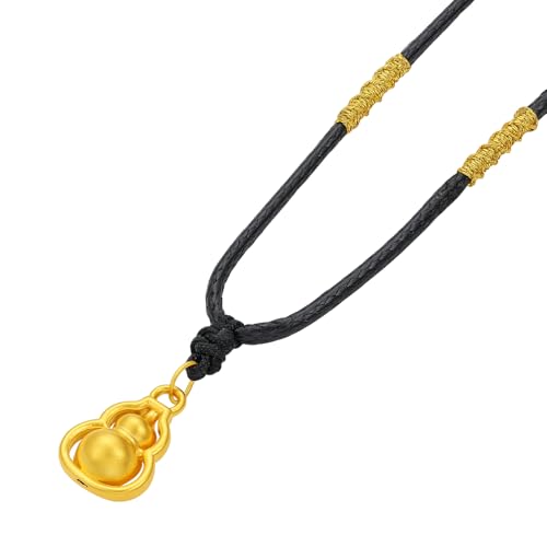 24K Solid Gold Gourd Pendant Necklace Feng Shui Lucky Jewelry Black Braided Necklace for Women Mom Birthday New Year Gifts 65-75cm A04143632