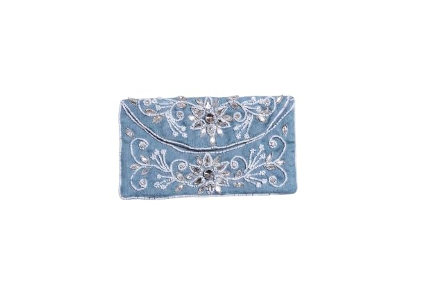 Mero sawariya Beaded Envelope Clutch Bag, Blue, Floral Embroidery with Crystal Embellishments, Evening Handbag-picture-43