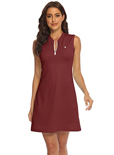 Bgowatu Women's Golf Tennis Dress Sleeveless Polo Dress Lightweight Sports Activewear Dress Zip Up Wine Red M #TOP2