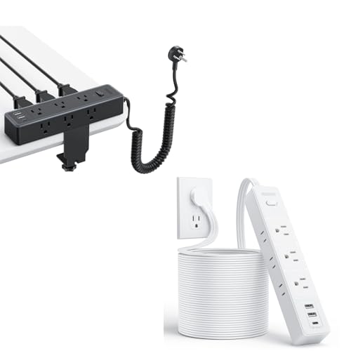 NTONPOWER Desk Clamp Power Strip, Desktop Power Strip with 9 AC & 3 USB (USB C) + NTONPOWER Flat Extension Cord 25ft, 1080J Surge Protector, 13A / 1625W Overload Protection