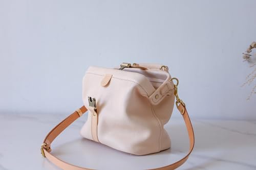 Image of Handmade Leather Doctor Bag for Women, Vintage Frame Satchel, Large Capacity Work Handbag, Soft Genuine Leather Shoulder Tote
