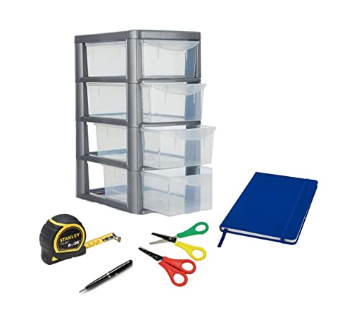 Small Silver 4 Drawer Plastic Office Storage Unit - Desktop Stationery Organiser - 4 Tier Tower Storage Unit With Drawers - Storage For Home Office Toys Crafts Stationery Cosmetics.
