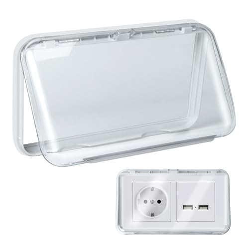 Cache Interrupteur Mural, Type 86 Réversible Cache Prise Double Murale Étanche, Ultra-Mince Sans Perçage Cache Prise Electrique pour Salle de Bain, Chambres, Cuisine, Transparent, 2 Pièces