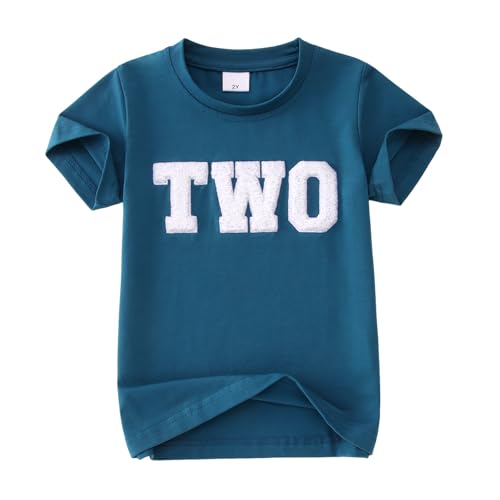 BOUTIKOME Boys Birthday Shirts Toddler Embroidery T-Shirts Baby Birthday Outfits Kids Party Chenille Patch Tee Tops 1-10Y(Deep Blue-2T)