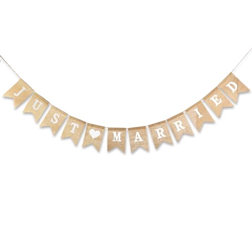 Just Married Girlande, Vintage Rustikal Wimpelkette, Jute Boho Hochzeit Deko Banner, Just Married...