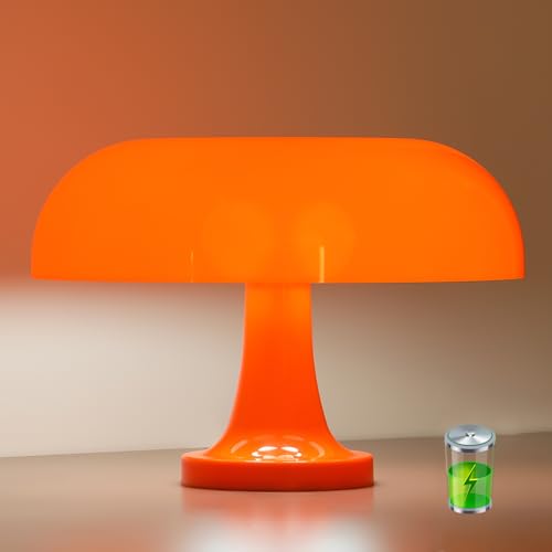 DIVEKID Cordless Mushroom Table Lamp Rechargeable Orange Bedside Lamp with Touch Control and 3 Color Stepless Dimming Portable Desk Lamp for Dinner/Restaurant/Bedroom (W11 x H7.67)