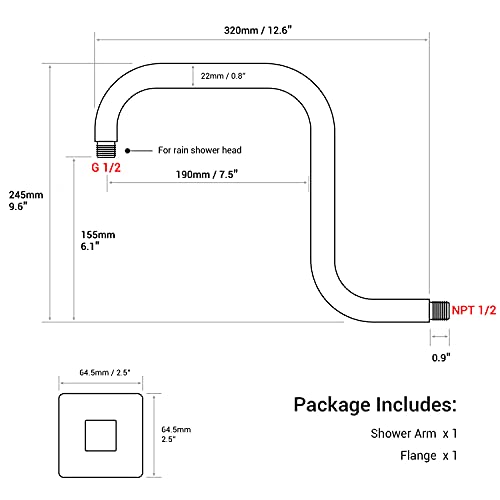 Trustmi Square Shower Arm With Flange 12 Inch Rainfall Shower Head High Rise Extension Arm, Wall Mounted S Shaped Shower Arm Stainless Steel, Matte Black #TOP6