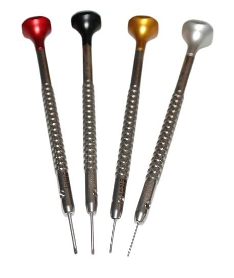 HOROTEC MSA01.218-G - Assortimento di 4 cacciaviti di orologiaio in custodia di plastica: 4 pezzi: Ø 0.60-0.80-1.00-1.20 mm - Swiss Made