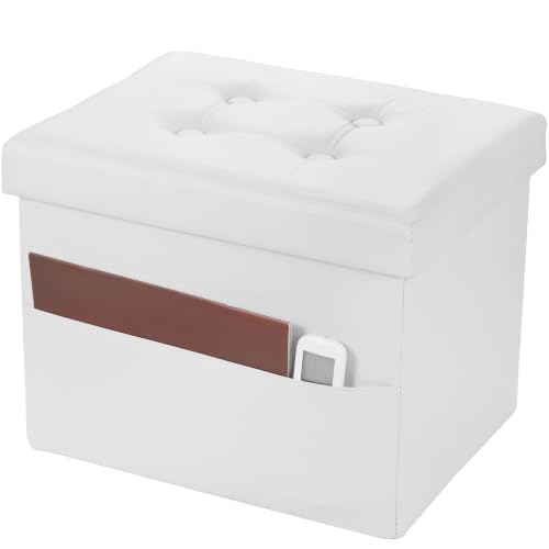 Image of Bsketa Storage Ottoman Bench,17 Inch Folding Leather Foot Rest Stool, White | Small Ottoman with Side Pockets, Thicker Foam Padded Seat, Livingroom, Dorm, Bedroom, Easy to install, 43L,17x13x13in