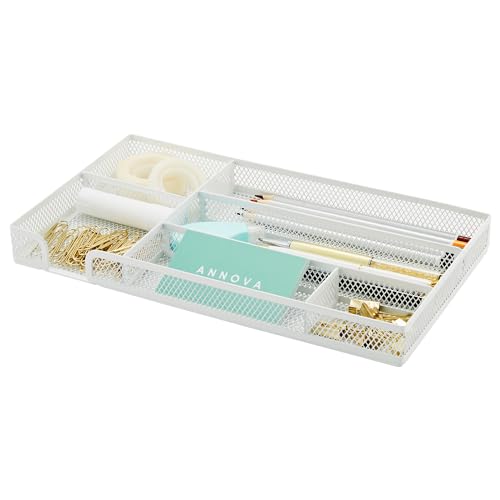 Annova Desk Drawer Organizer Tray for Office Organization - Metal Mesh - Storage Tray with Dividers for Pens, Desktop Accessories, Bathroom, Kitchen, Makeup and Office Supplies (Small, White) by Annova - Used condition - US$17.43