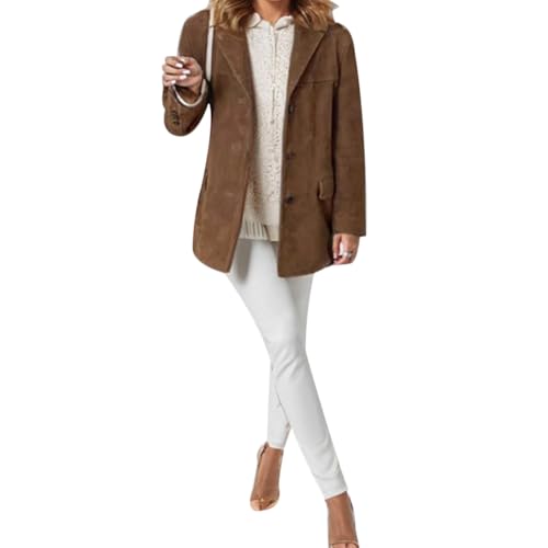 Faux Suede Blazer for Women's Lapel Collar Button Front Long Sleeve Jacket2