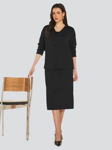Image of Casly Lamiit Women's 2 Piece Midi Skirt Sets Business Casual Outfits Long Sleeve Cardigan Matching Dressy Suits