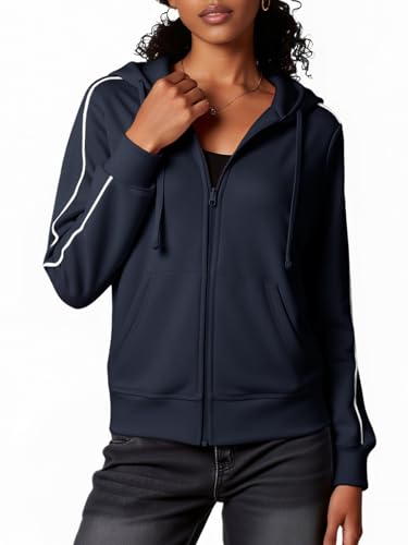 Fisoew Veste à capuche à manches longues pour femme avec poches et fermeture éclair sur toute la longueur, bleu marine, XL