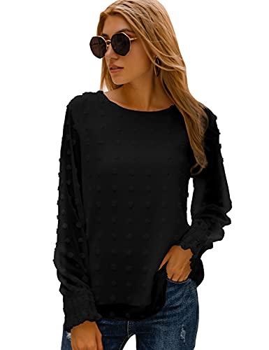 Blooming Jelly Womens Chiffon Blouses Elegant Lantern Long Sleeve Round Neck Tops Pom Pom Shirts(Medium,Black)