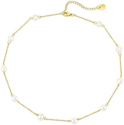 DDaffodil Pearl Choker Necklace Strands,14K Gold Plated Dainty Beaded Choker Necklace for Women Girls, Natural Freshwater Pearl Necklace Fashion Jewelry Gift (Dainty Pearl Necklace), 18''