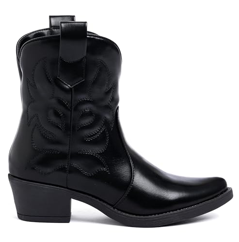 URBAN ROSA Stivali Texani Donna Western Stivaletti Cowboy con Tacco Largo Design Vintage Elegante A31 (NERO, 37 EU, Adulto, 37, Numero, Sistema Taglie Calzature EU, Media)