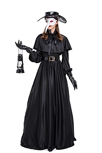Feynman Disfraz medieval steampunk de médico de la peste negra para mujer, disfraz de médico para Halloween con juego de accesorios, color negro, talla L