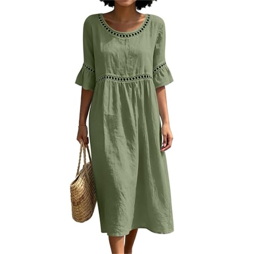 Image of GMQWRK Summer Casual Dress for Women UK Elegant Hollow Out Lace Ruffle Sleeve Dresses Flowy Pleated A-Line Dress Openwork Pattern Crew Neck Half Sleeve Dresses Holiday Midi Sundress Green