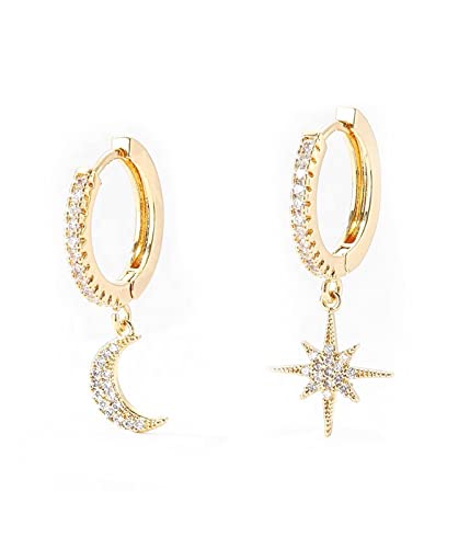 1 paire or Boucles Doreilles Pendantes Etoile Lune Boucles D'oreilles Creole CZ Minuscule Asymétrique Cartilage Drop Huggie Boucles D'oreilles pour les Femmes