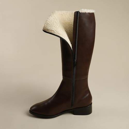 Image of Theater Women Huskies Knee-High Boots with Low Block Heel | Smooth PU Upper with Soft Fleece Lining | Comfortable Wear for Winter & Smart Casual Styling