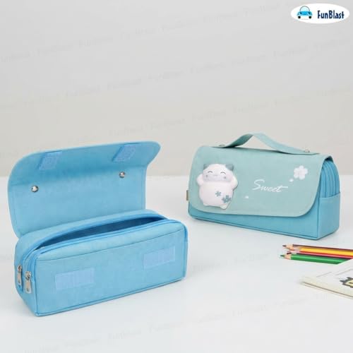 Image of FunBlast Multi-Purpose Pouch - Double Compartment Large Capacity Pouch - Happy Planet Zipper Pencil Case for Kids, Pencil Box for Kids, Stationary Pouch for Students School Supplies (Sky Blue-A)