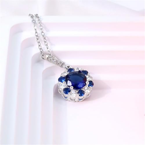 Sapphire Necklace Sterling Silver Sparkling CZ Blue Round Halo Pendant Necklace Fashion Exquisite Round Cut Halo Pendant Luxurious September Birthstone Jewelry Gifts for Birthday Wedding Christmas3