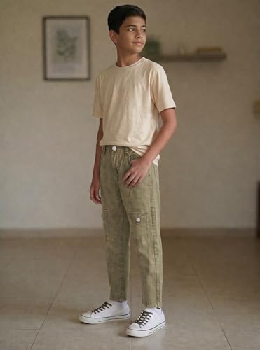 Image of Boys Cargo Pants, Kids Cargo Jeans with Pockets, Adjustable Waist, Stretch Denim Casual Pants for Boys