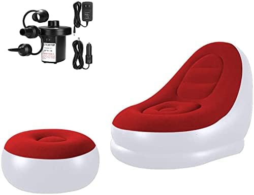 unhg Inflatable Deck Chair with Household air Pump, Lounger Sofa for Indoor Living Room Bedroom, Outdoor Travel Camping Picnic (White and red)