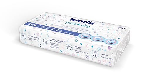 Kindii Pure & Dry Baby Trockentücher – (12x50 Stück) Einmalwaschlappen – 100% Baumwolle, sensitive Haut, trocken – 600 Stück
