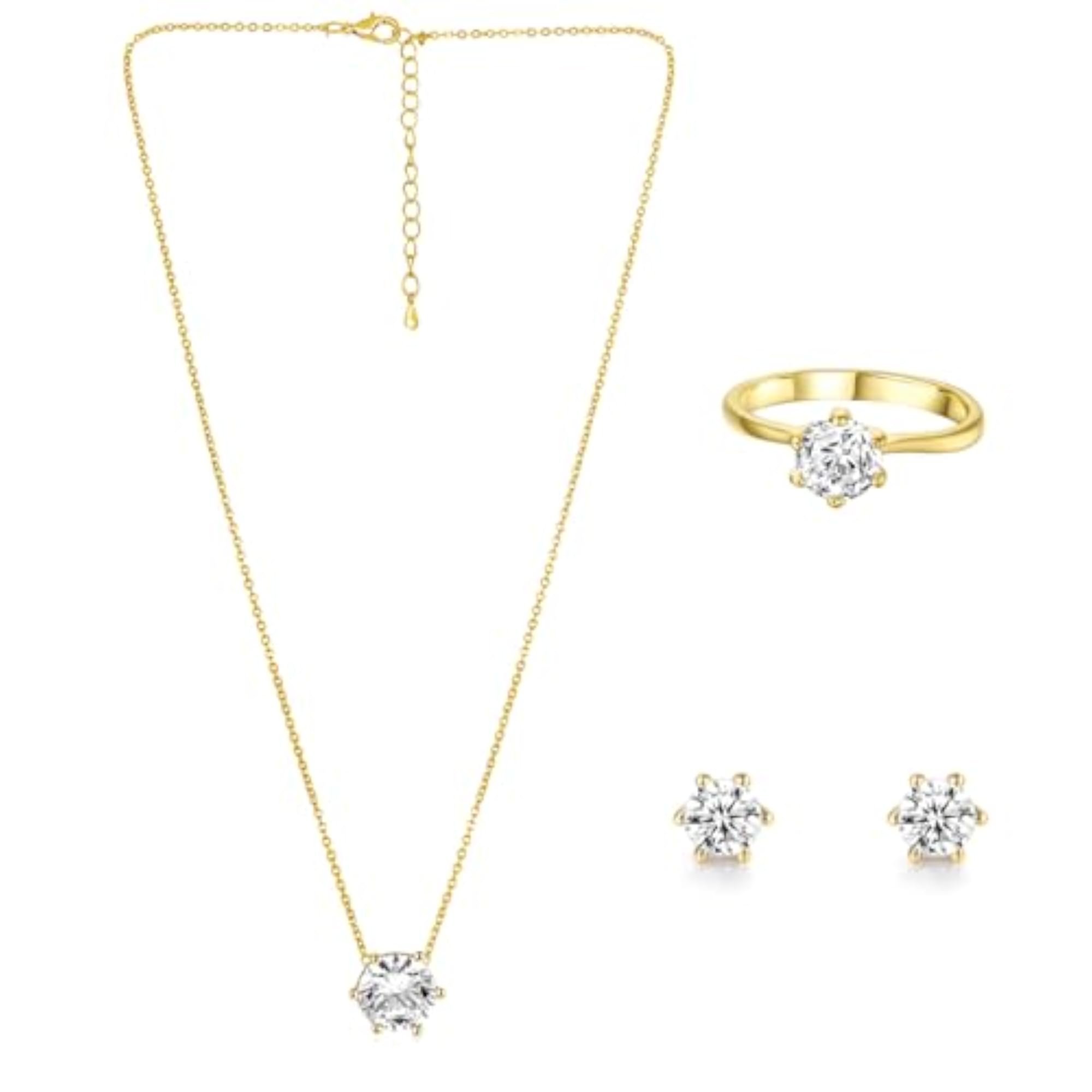 Women's Cubic Zirconia Pendant Chain Stud Earrings & Finger Ring Set