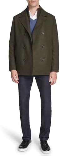 Kenneth Cole Men's Notched Lapel Wool Pea Coat Knit Bib
