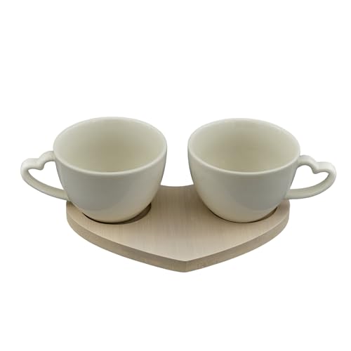 Doni Bomboniere Matrimonio Set 2 Tazze da Caffe caffè Utili Nozze Oro Argento Bianche in Ceramica con Base A Forma di Cuore Legno Idee Regalo Complete Originali Economiche