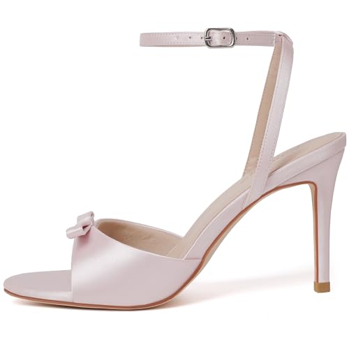 RIBONGZ Women's High Heels Round Open Toe Sexy Kitten Sandals Stiletto Heeled Pumps Ankle Strap Bridal Shoes with Bow Summer Wedding Party Casual Office Work2