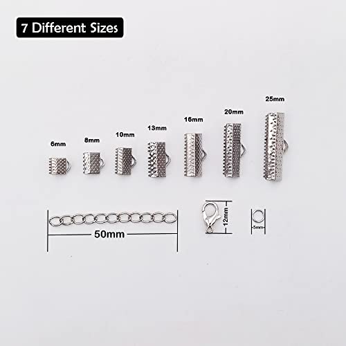 Inspirelle MZK 100 Sets Assorted Size Rhodium Ends For Ribbon Bracelet Bookmark Making Crimps Kit With Lobster Clasps And Chain Extenders thumb #2