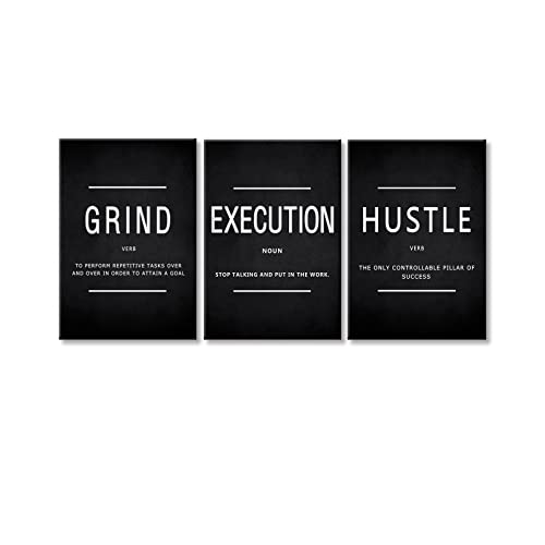 BWSPACE Grind Hustle Execution Wall Art Motivational Wall Decor Office Wall Decor Pictures Posters 3 Pieces Framed Canvas Wall Prints Artwork Home Gym Ready to Hang(60" W x 28" H, GRIND)