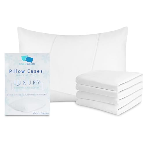 CozyWhirl White Pillow Cases 4 Pack Cotton 200 Thread Count - Hotel Quality Pillow Cases with Envelope Closure Design - Soft & Breathable Fabric Size 75 * 50 cm