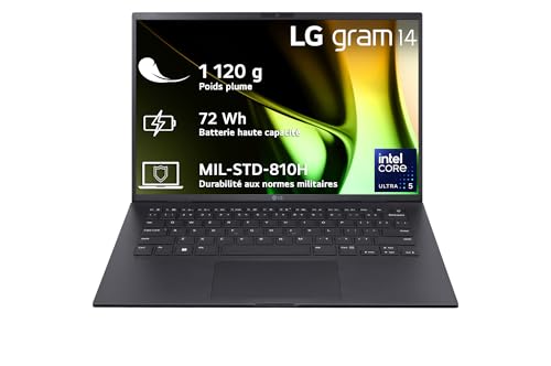 LG Gram 14Z90S-G.AA58F - PC Portable 14' 999g, écran IPS FHD+ 16:10, Plateforme Intel® Evo™ de 14e génération, RAM 16Go, SSD 1To NVMe, Intel Iris XE, Thunderbolt™ 4, Windows 11, Clavier AZERTY, Noir