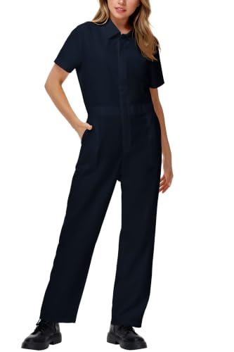 AOBUTE Hallowen Horror Killer Costume Women Navy Short Sleeve Mechanic Jumpsuit Versatile Zipper Work Coveralls L